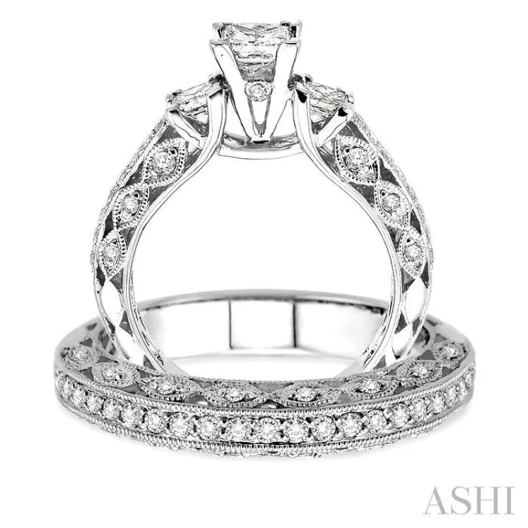 1 1/2 Ctw Diamond Wedding Set with 1 1/4 Ctw Princess Cut Engagement Ring and 1/4 Ctw Wedding Band in 14K White Gold