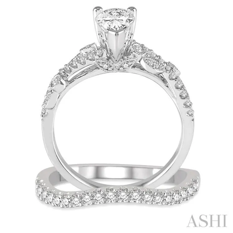 1 1/3 Ctw Diamond Wedding Set With 1 Ctw Pear Shape Engagement Ring and 1/4 Ctw Wedding Band in 14K White Gold