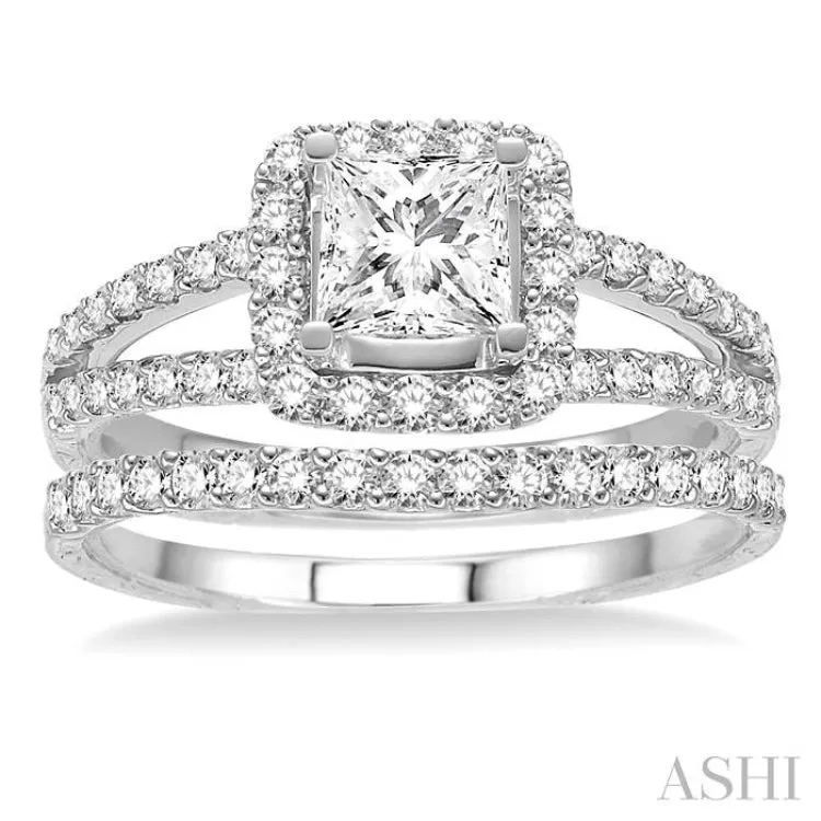 1 1/3 Ctw Diamond Wedding Set with 1 Ctw Princess Cut Engagement Ring and 1/4 Ctw Wedding Band in 14K White Gold