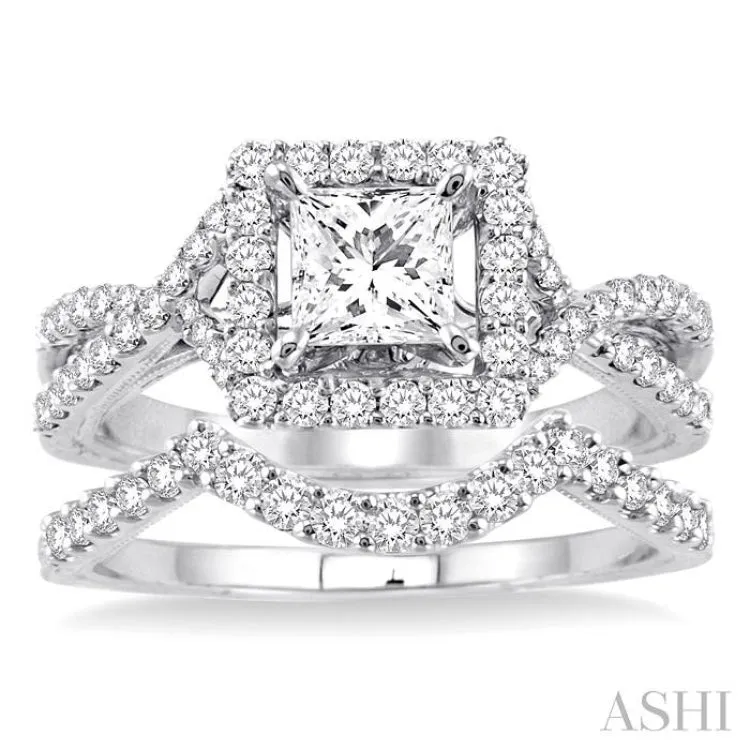 1 1/6 Ctw Diamond Wedding Set with 1 Ctw Princess Cut Engagement Ring and 1/5 Ctw Wedding Band in 14K White Gold