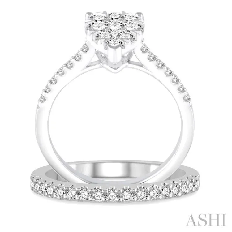 1 Ctw Diamond Lovebright Wedding Set With 3/4 Ctw Pear Shape Engagement Ring and 1/4 Ctw Wedding Band in 14K White Gold