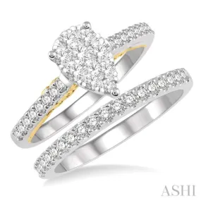 1 Ctw Diamond Lovebright Wedding Set with 3/4 Ctw Pear Shape Engagement Ring in White and Yellow Gold and 1/4 Ctw Wedding Band in White Gold in 14K