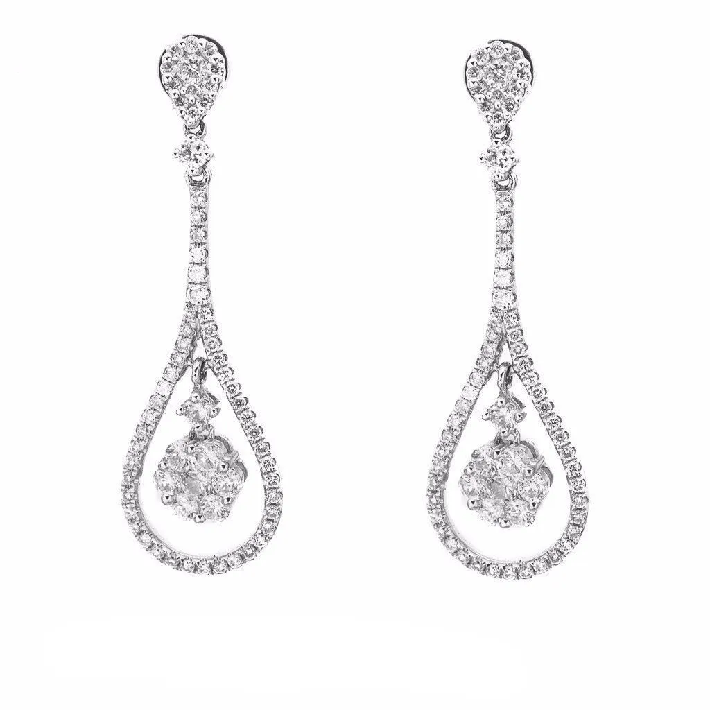 1.36CT Diamond Double Frame Drop Earrings Set In 14K White Gold W/ Floral Frame Setting