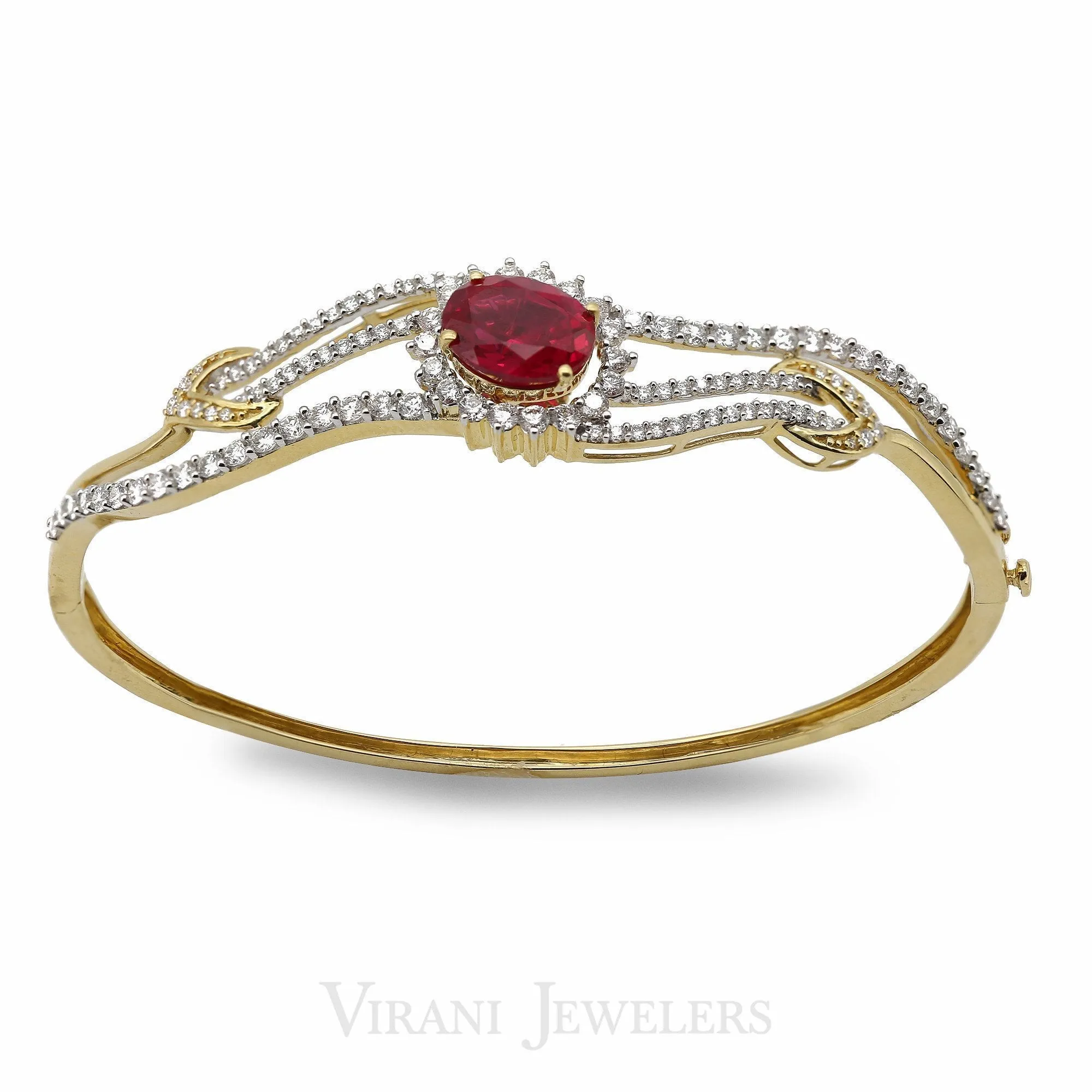 1.43CT Diamond Bangle Set in 18K Yellow Gold W/ Oval Cut Ruby Stone