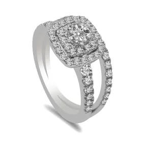 1CT Double Halo Diamond Engagement Ring Set in 14K White Gold