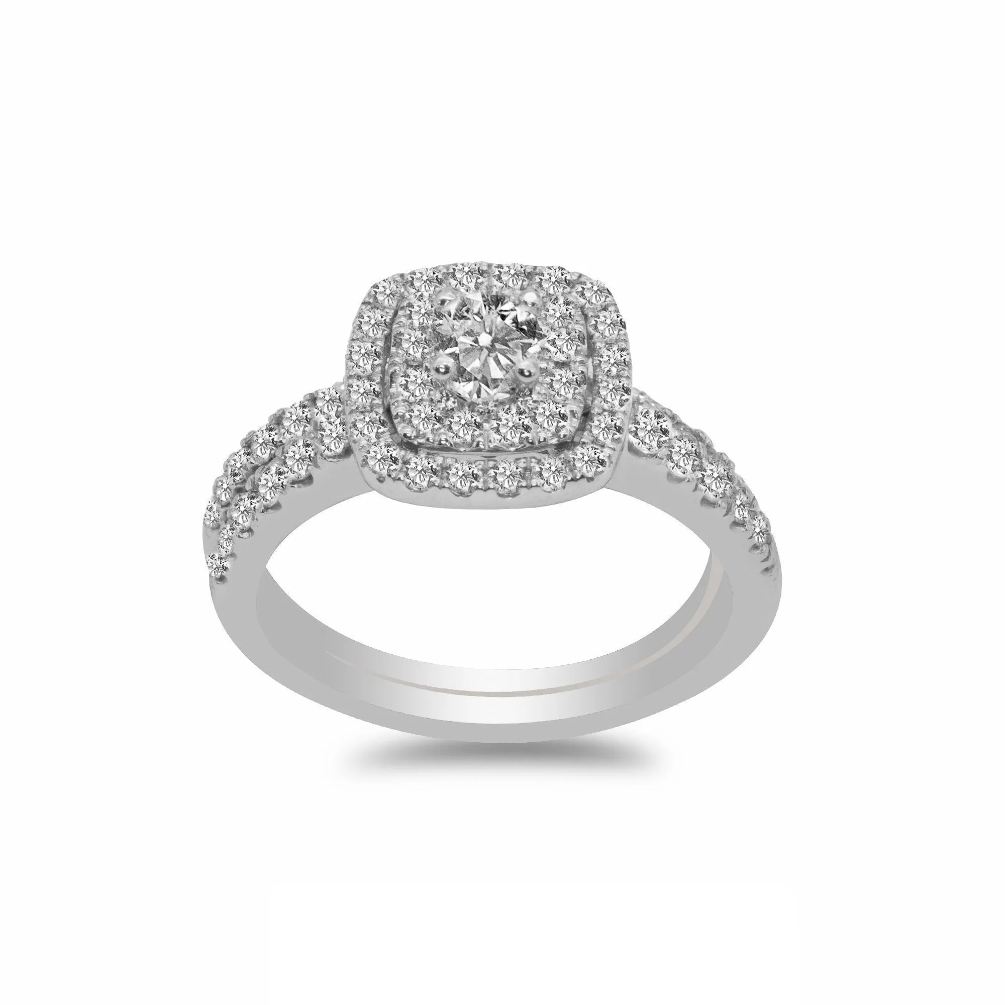 1CT Double Halo Diamond Engagement Ring Set in 14K White Gold