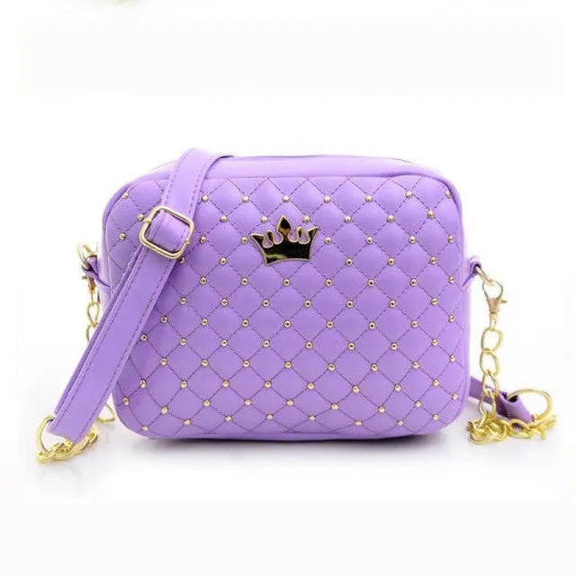 2016 Women Bag Solid Candy Colors Ladies Rivet Chain Leather Crossbody Quiled Crown Bags Women'S