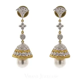 2.24CT Diamond Jhumki Drop Earrings Set In 18K Yellow Gold W/ Pearl Drops & Screw Back Post Closure