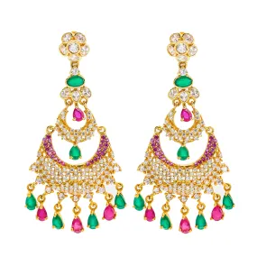 22K Gold Chandbali Long Drop Earrings W/ Ruby, Cubic Zirconia & Emerald Stones