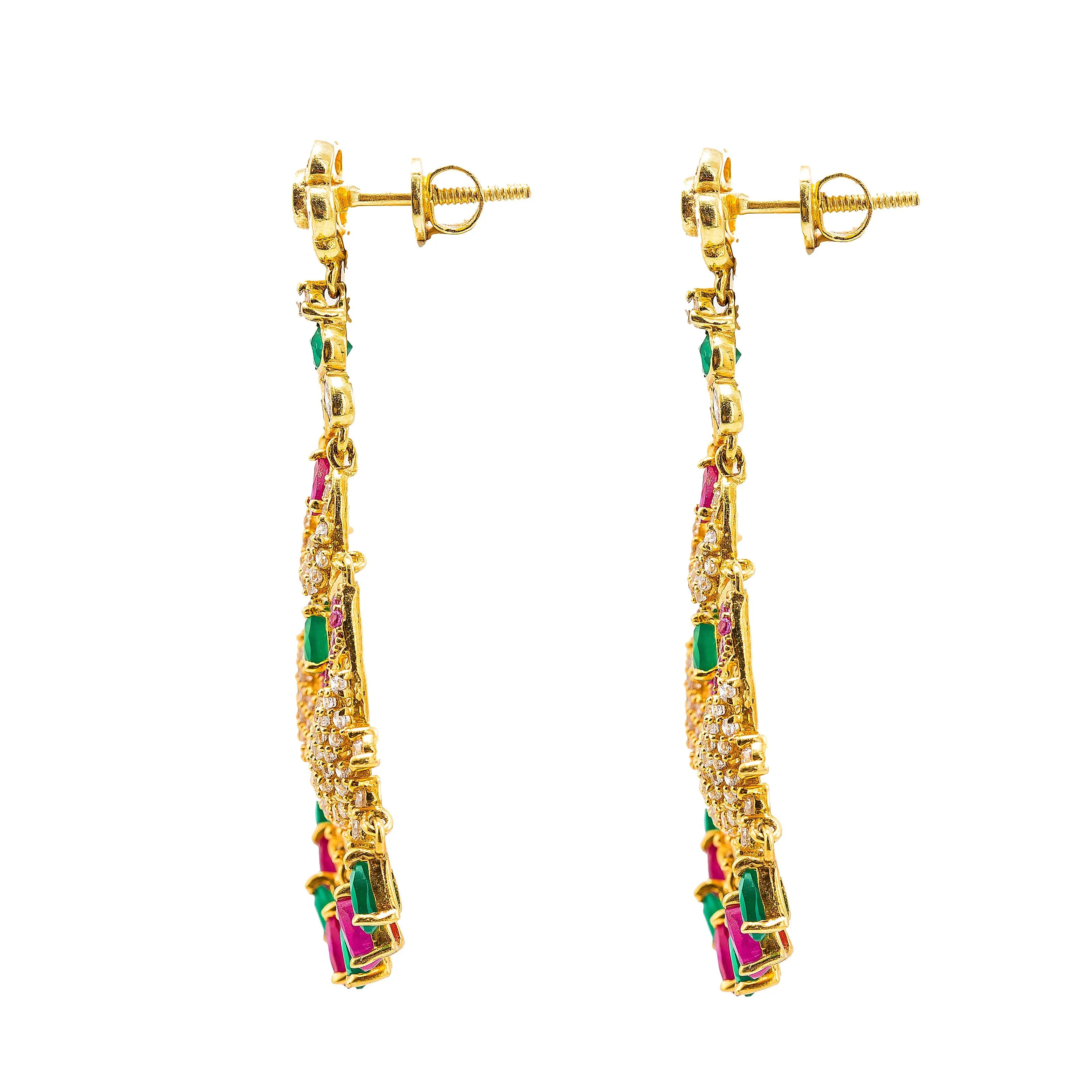 22K Gold Chandbali Long Drop Earrings W/ Ruby, Cubic Zirconia & Emerald Stones