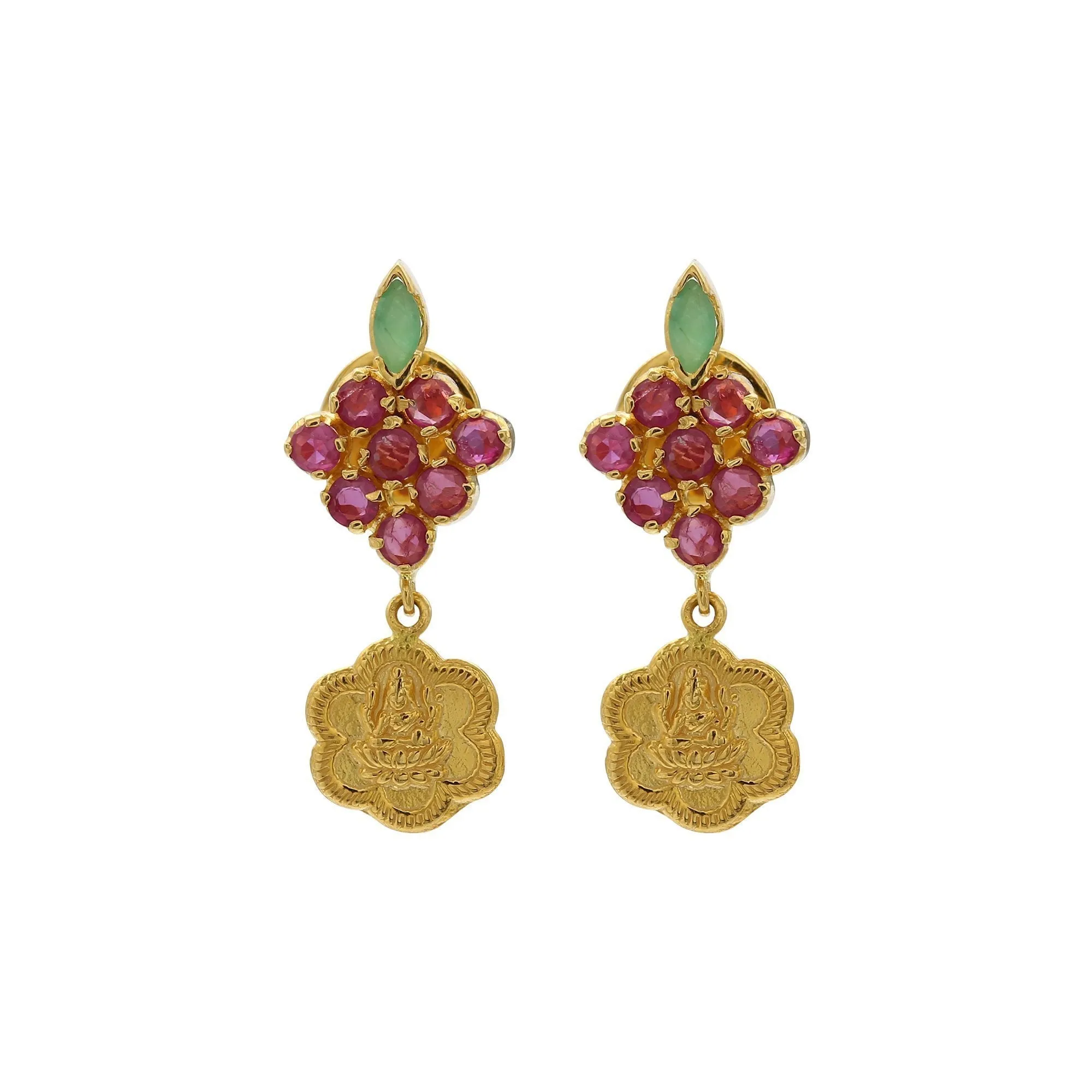 22K Gold Ruby Emerald Floral Kasu Necklace & Earrings Set