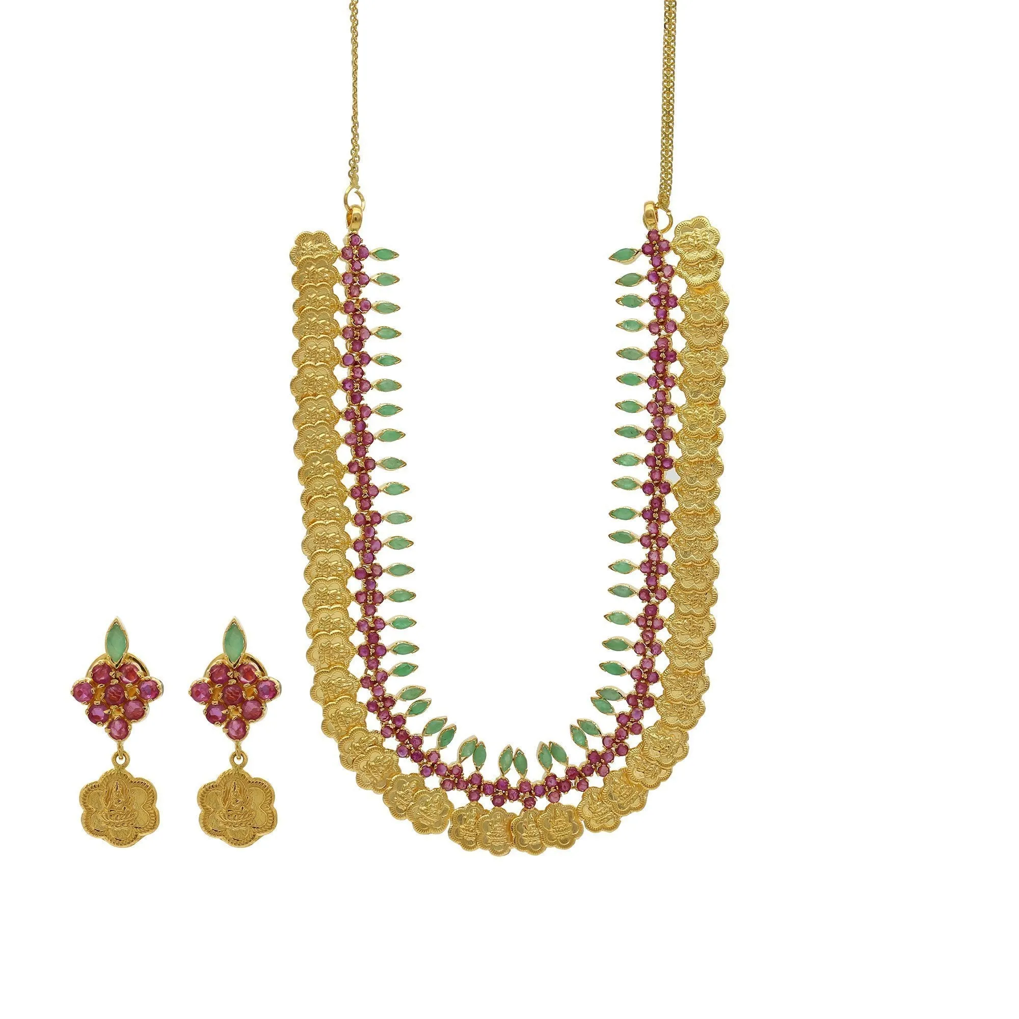 22K Gold Ruby Emerald Floral Kasu Necklace & Earrings Set