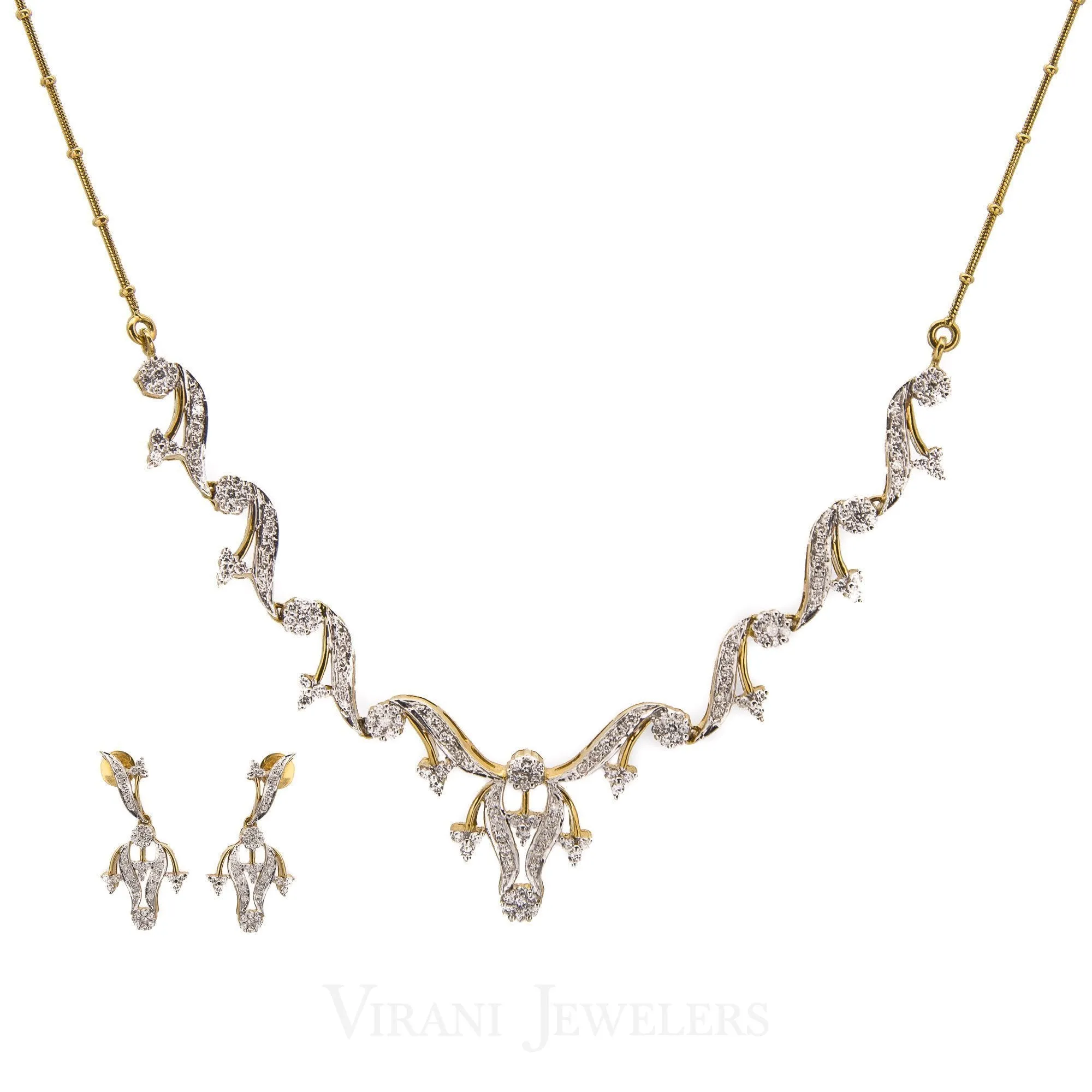 2.5CT Diamond Necklace and Earrings Set in 18K Yellow Gold W/ Floral Vine Design