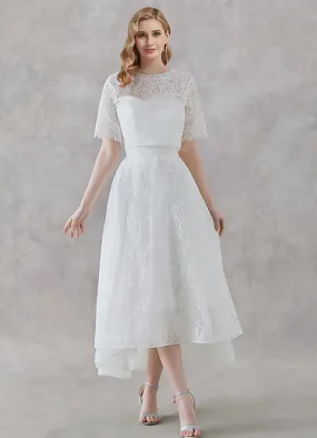 A-Line Scoop Neck Tea Length Lace Wedding Bridal Gowns Use In Two Ways