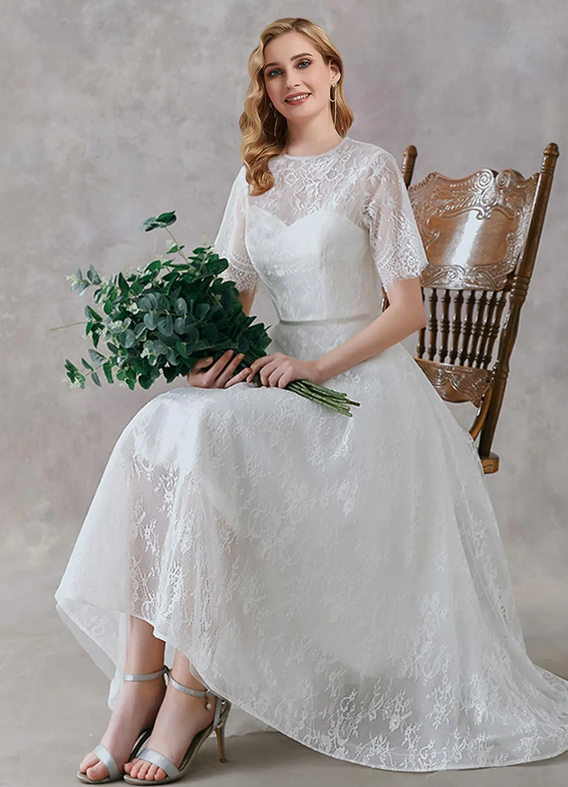 A-Line Scoop Neck Tea Length Lace Wedding Bridal Gowns Use In Two Ways