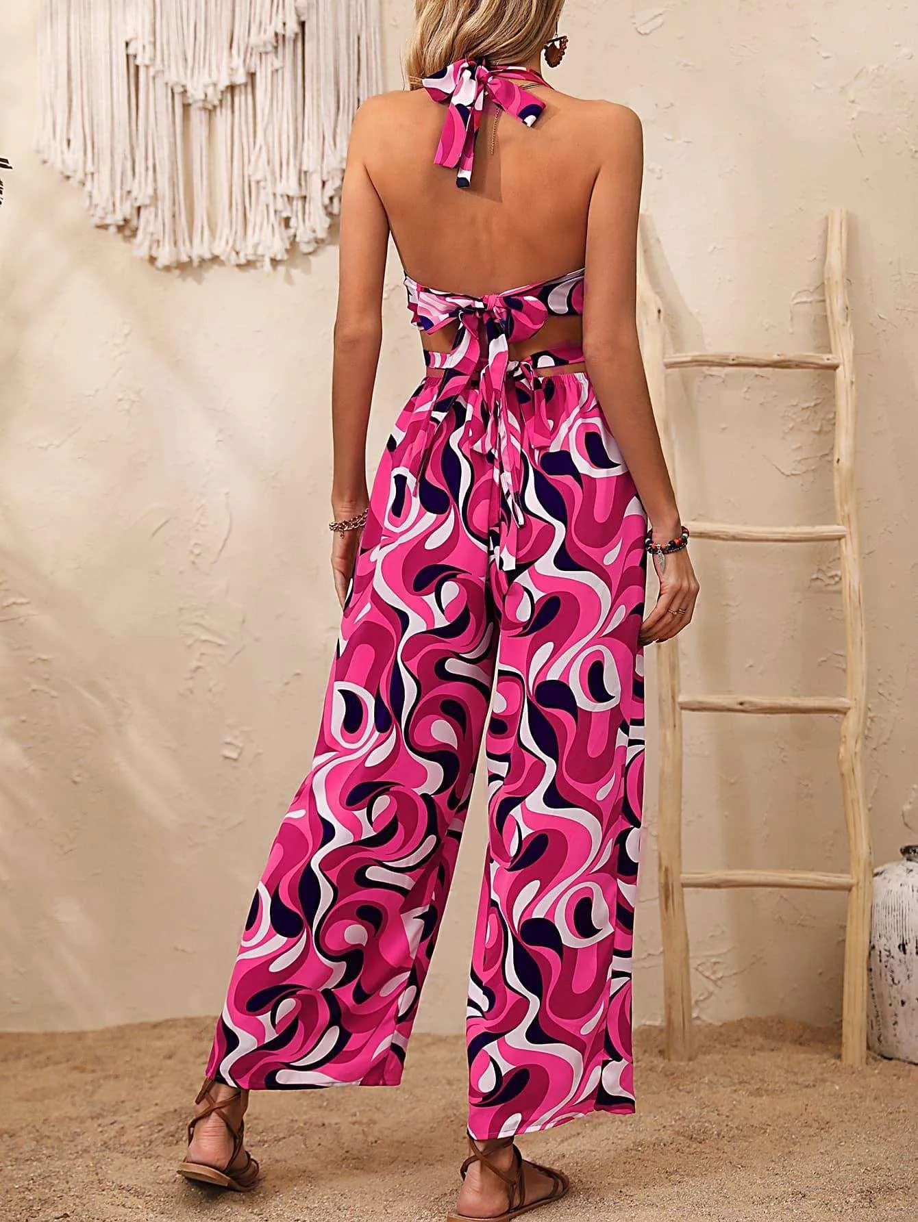 Abstract Print Halter Neck Cutout Wide Leg Jumpsuit