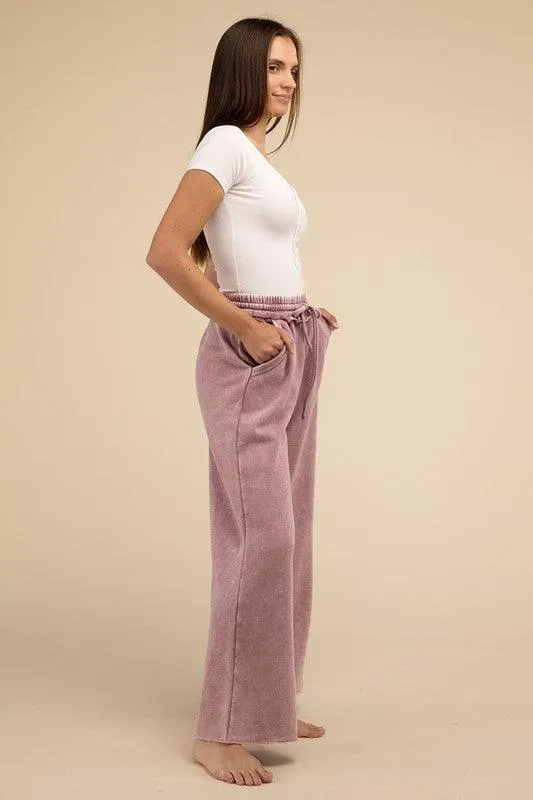 Acid Wash Fleece Palazzo Sweatpants With Pockets