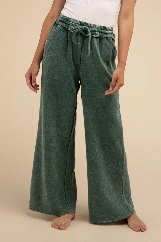 Acid Wash Fleece Palazzo Sweatpants With Pockets