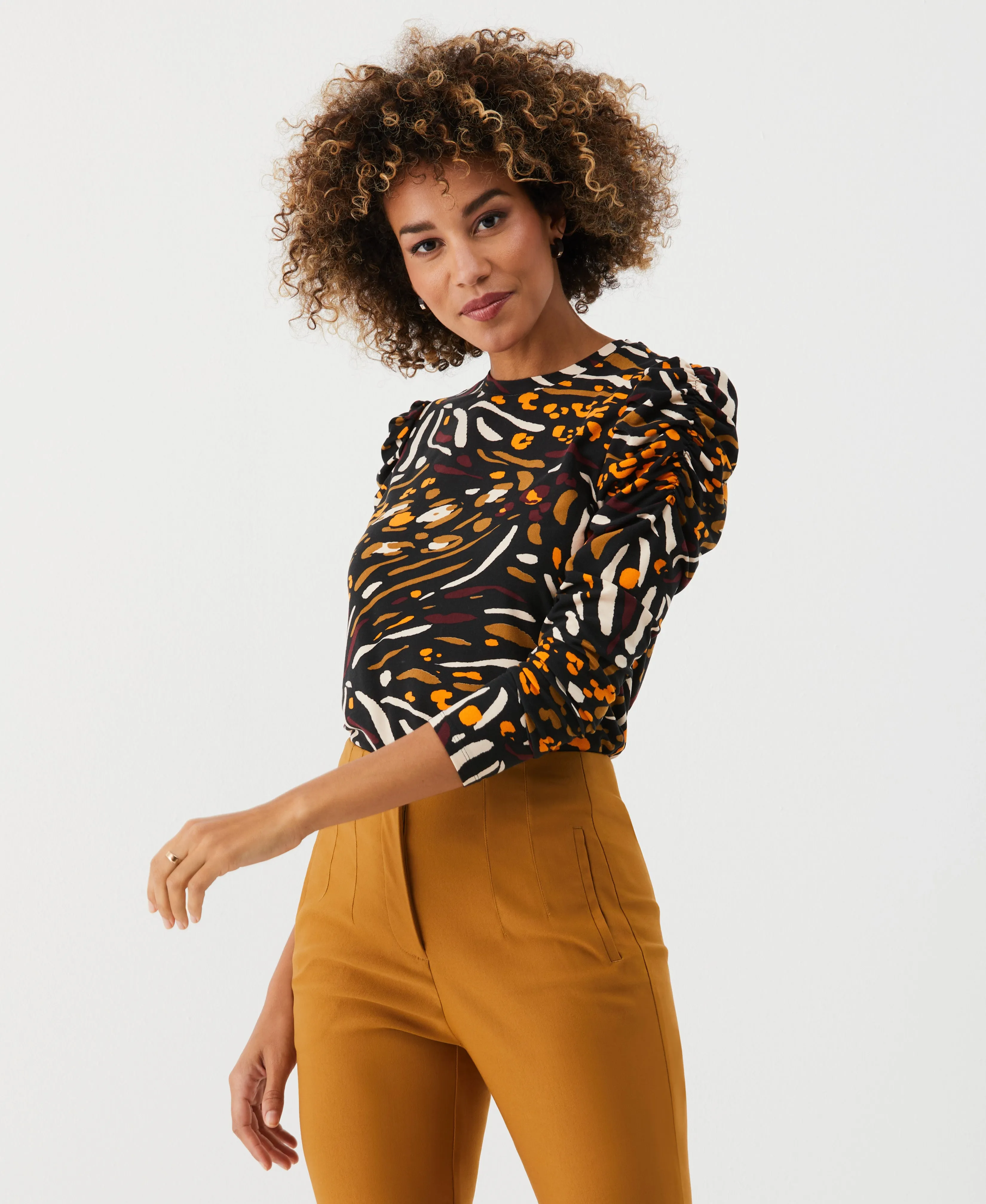 Animal Print Crew Neck Puff Sleeve Top