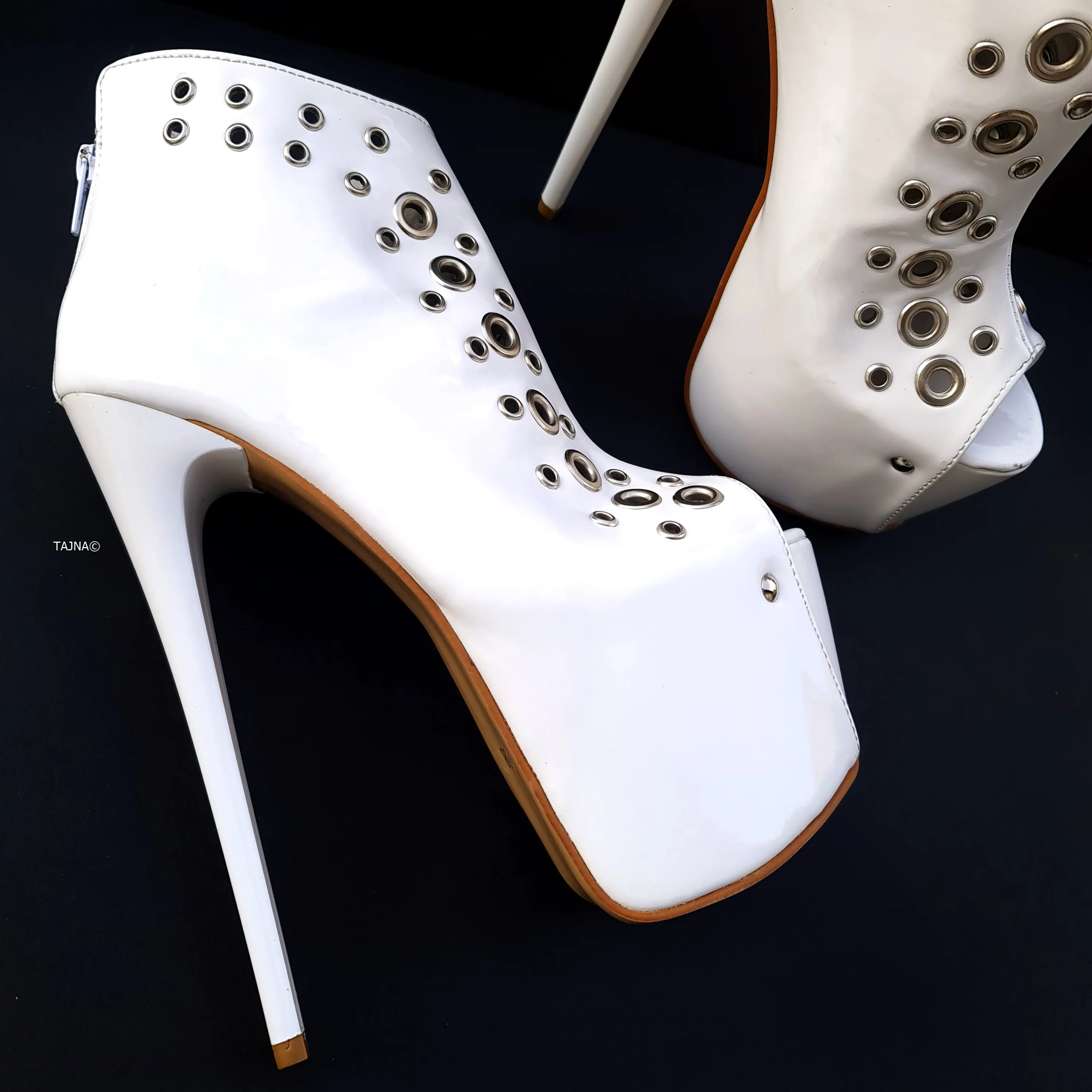 Ankle Cut Pinned Peep Toe White Matte Heels