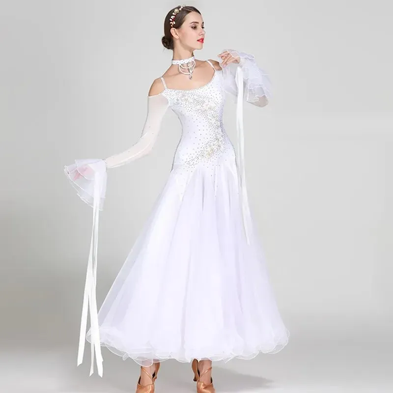 #B103 Stunning Off Shoulder Ribbon Ballroom Dance Dress- Ballroom Dance Competition Dress -Waltz Foxtrot -Rumba Dance Costumes