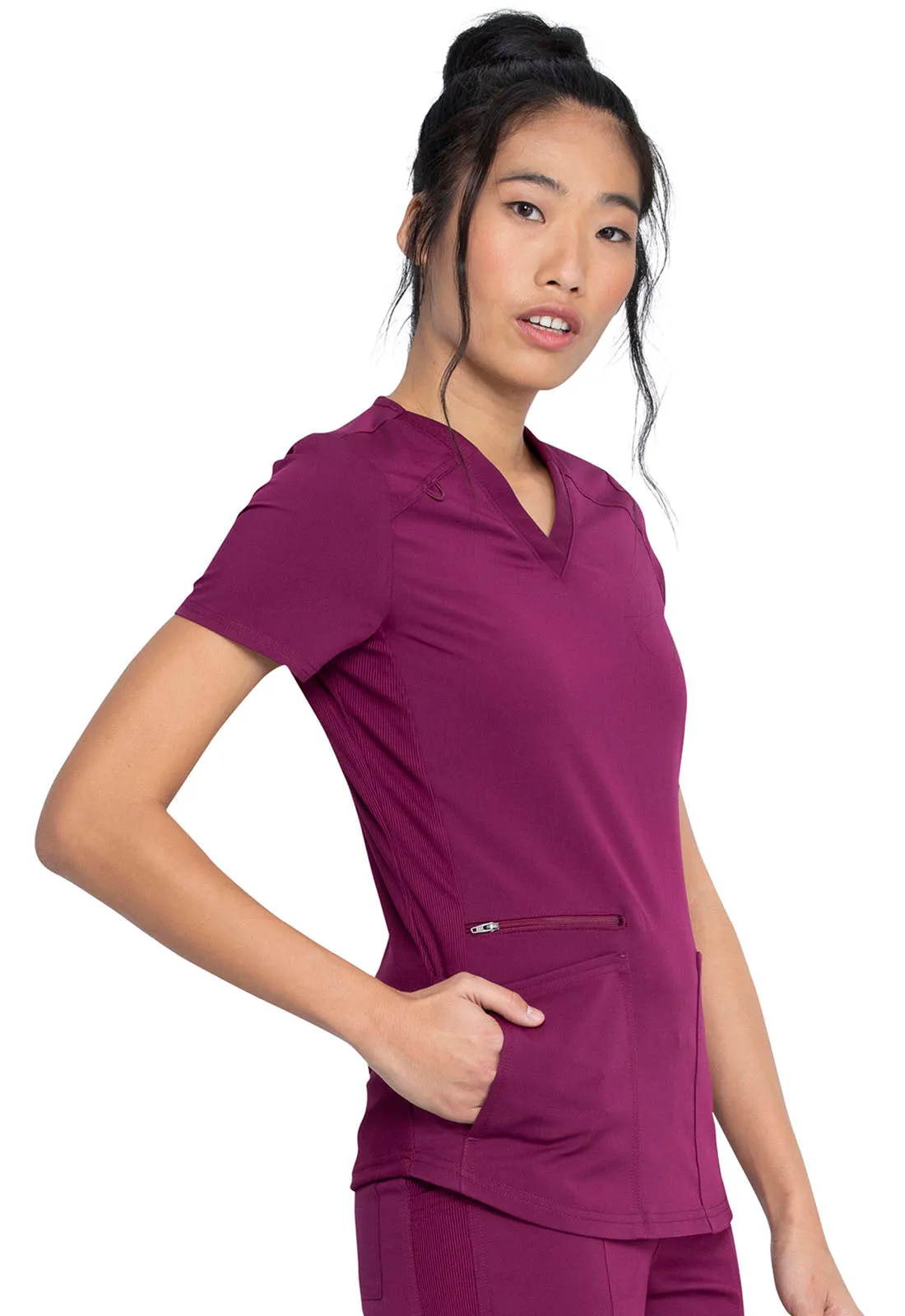 Balance - Women's Knitted Panel Solid Scrub Top With Zip Pocket