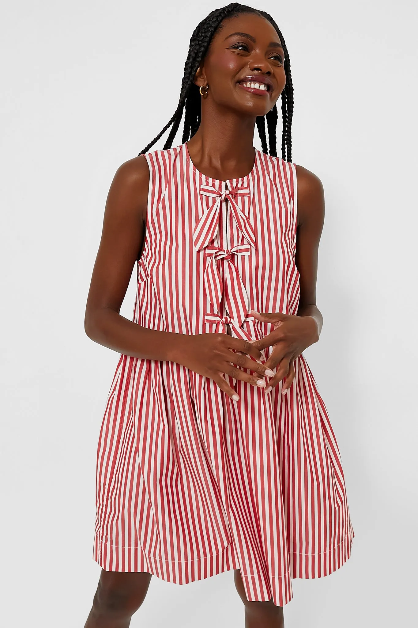 Barbados Cherry Stripe Cotton Mini Bow Tie Dress