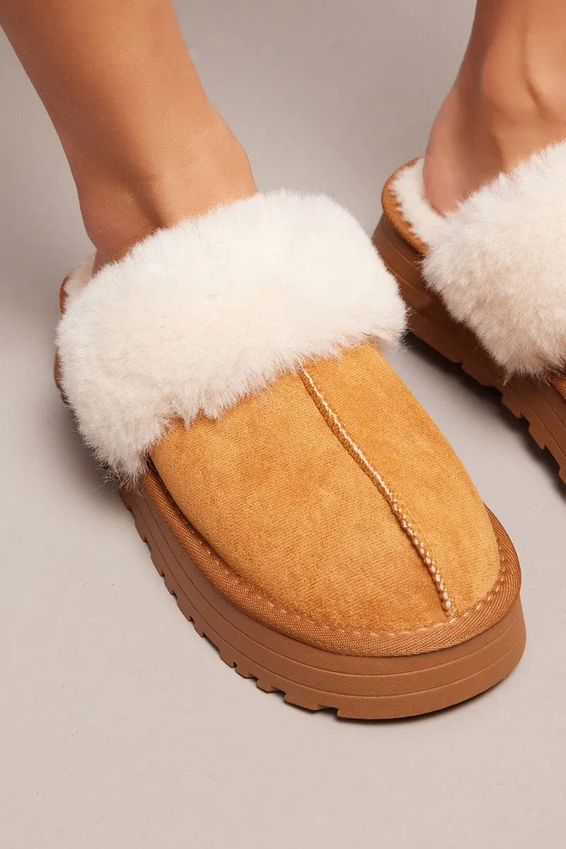 Beige Chunky Faux Fur Mule Slippers