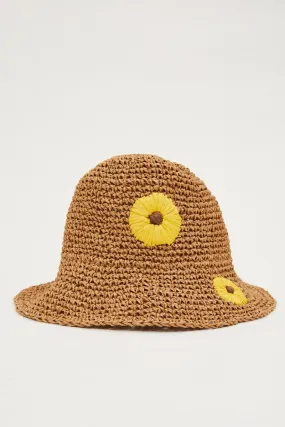 Beige Hand Made Floral Straw Hat