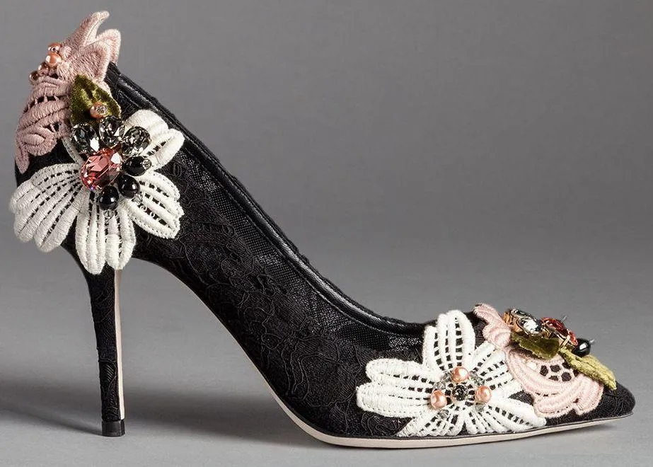 'Bellucci' Embroidered Lace Court Shoes in Black