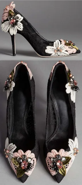 'Bellucci' Embroidered Lace Court Shoes in Black