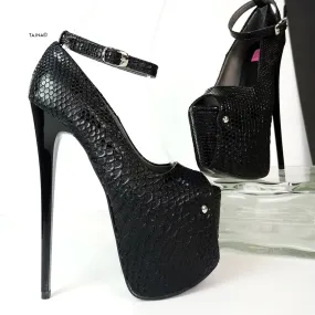 Black Croco Ankle Strap Peep Toe Heels