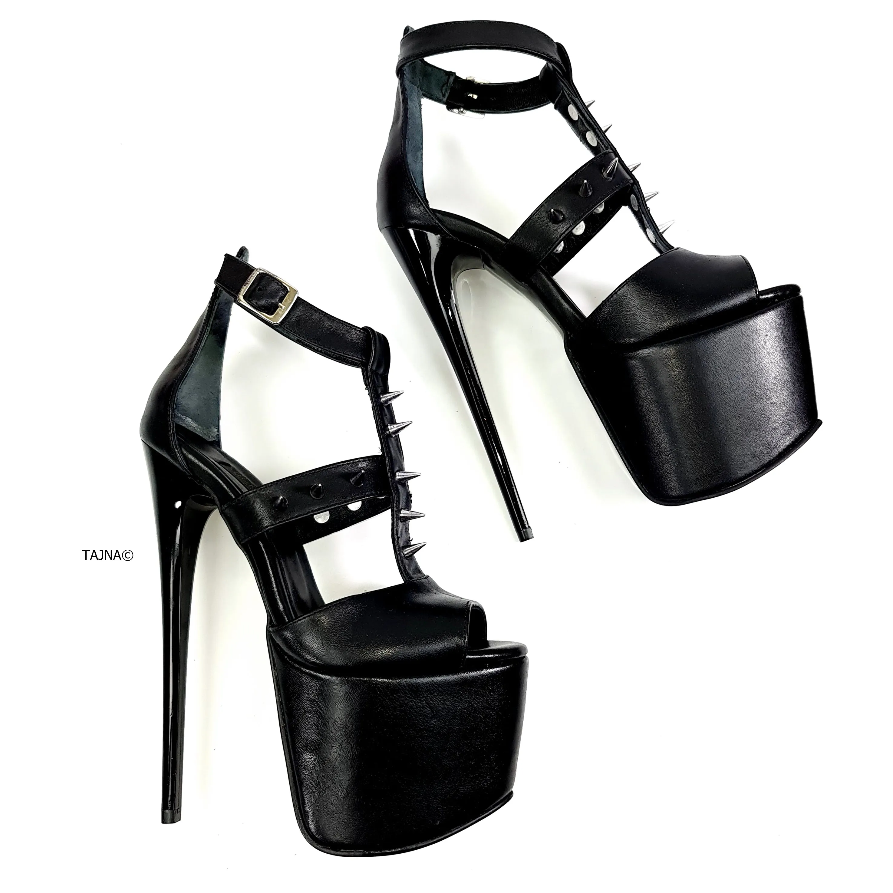 Black Genuine Leather Spike High Heels