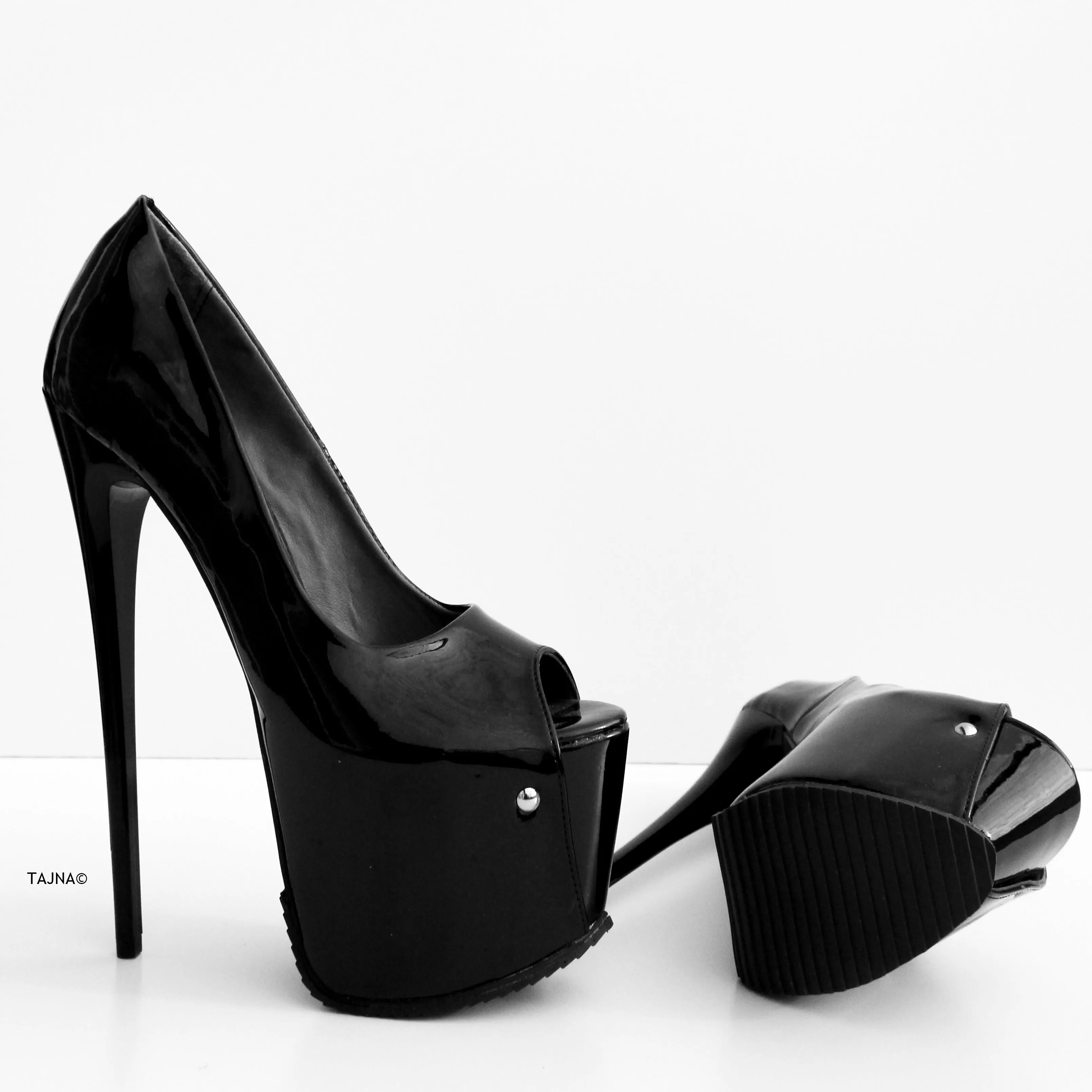 Black Gloss Half Serrated Sole High Heels