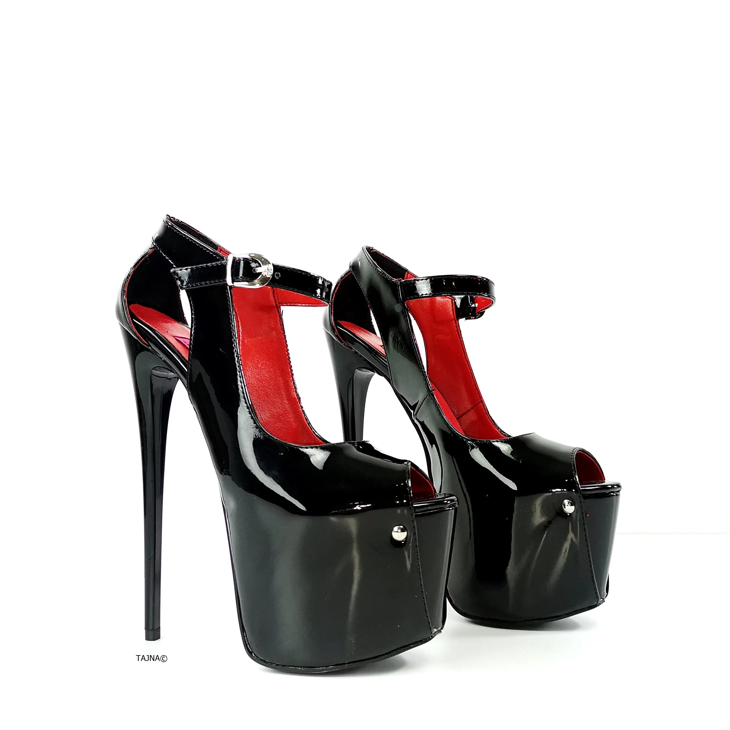 Black Gloss Modern Mary Jane Peep Toe Heels