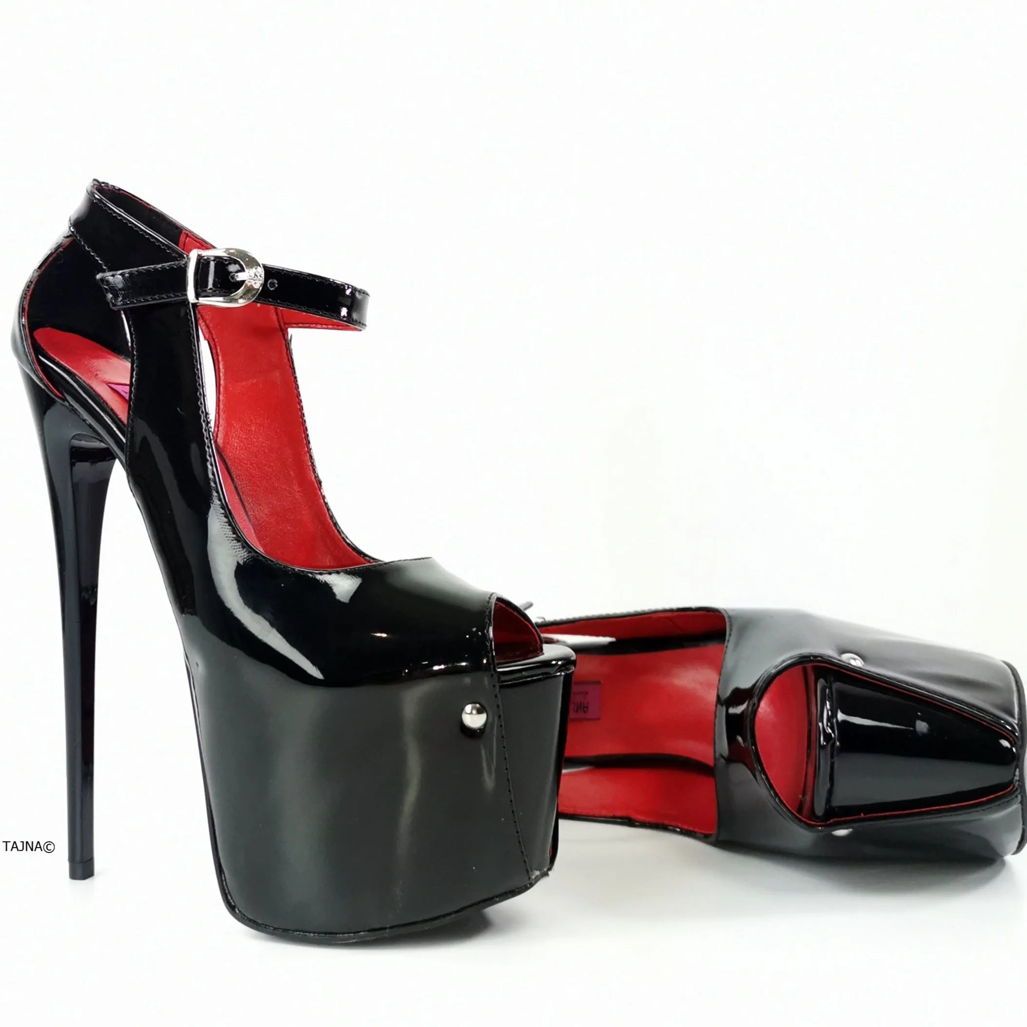 Black Gloss Modern Mary Jane Peep Toe Heels