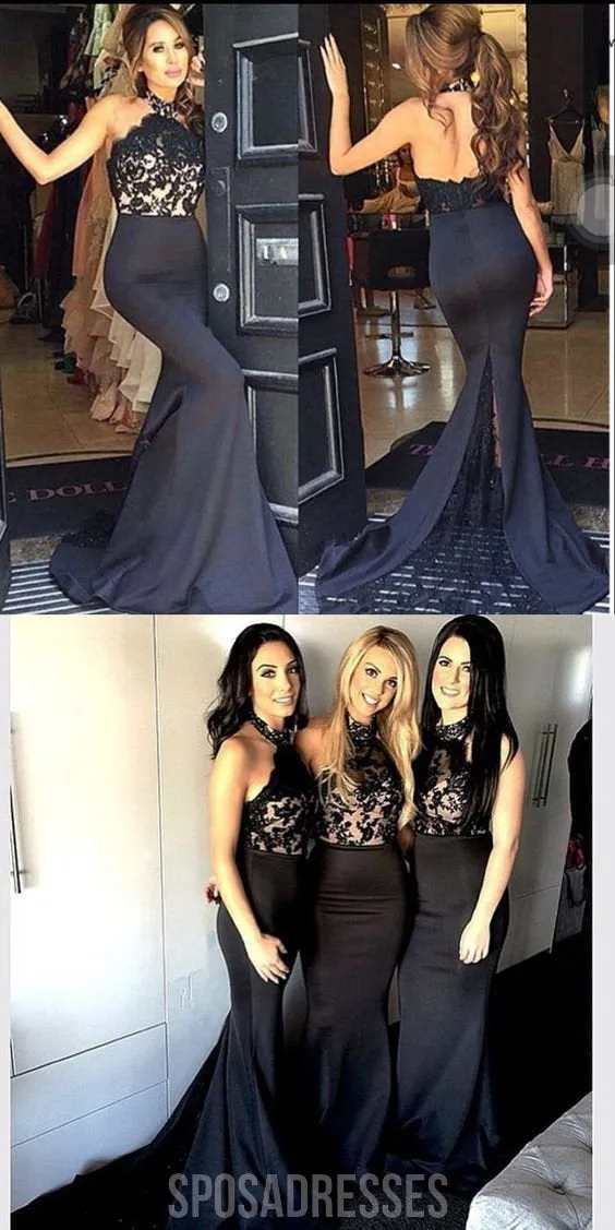 Black Lace Halter Mermaid Sexy Long Affordable Bridesmaid Dresses, WG25