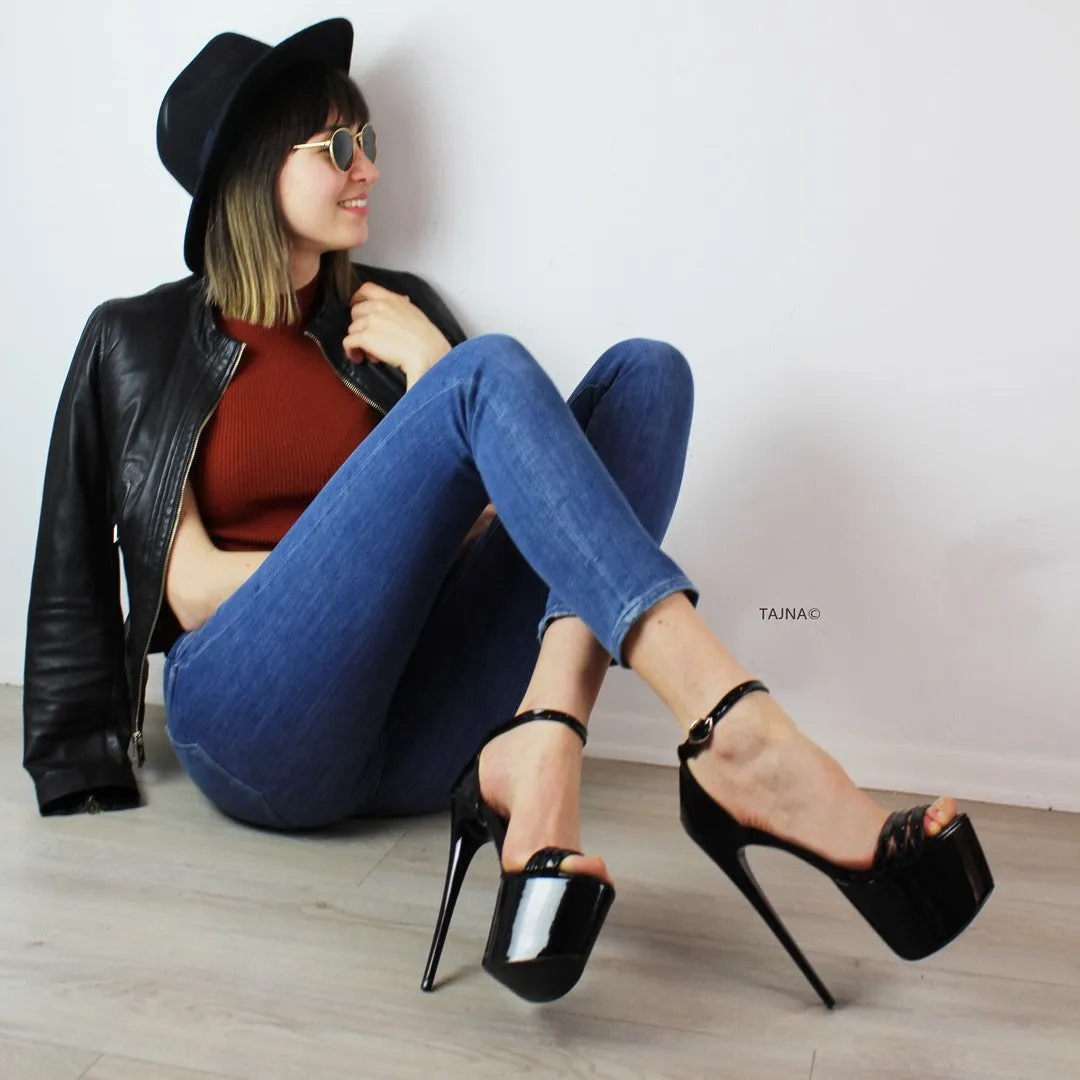 Black Patent Ankle Strap Platform High Heels