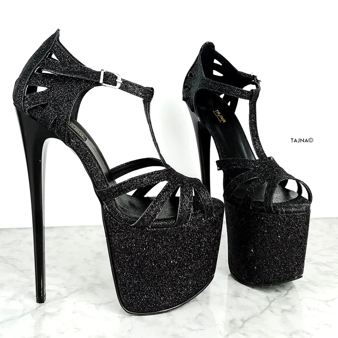 Black Shimmer Laser Cut T-Strap High Heels