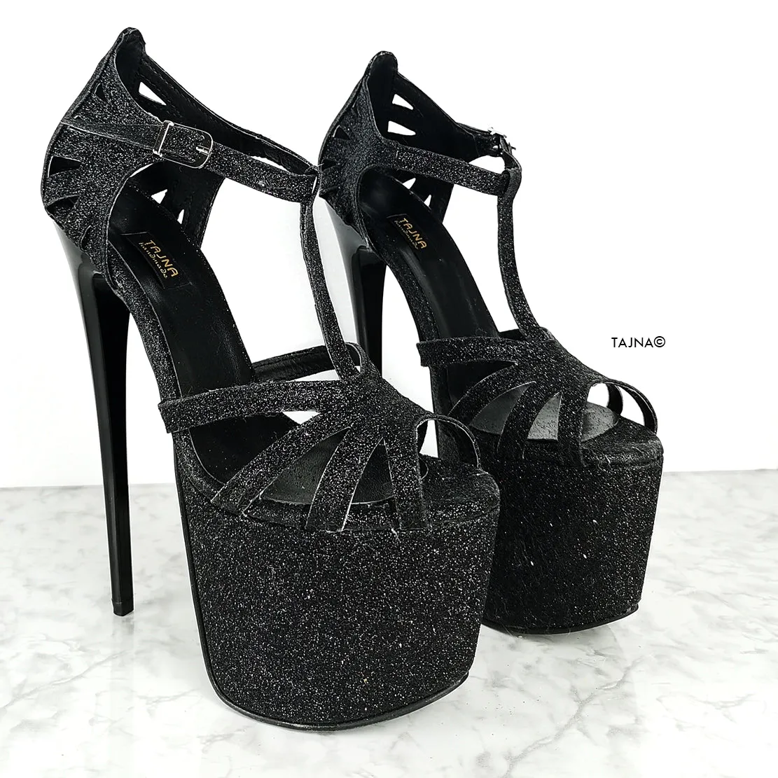 Black Shimmer Laser Cut T-Strap High Heels