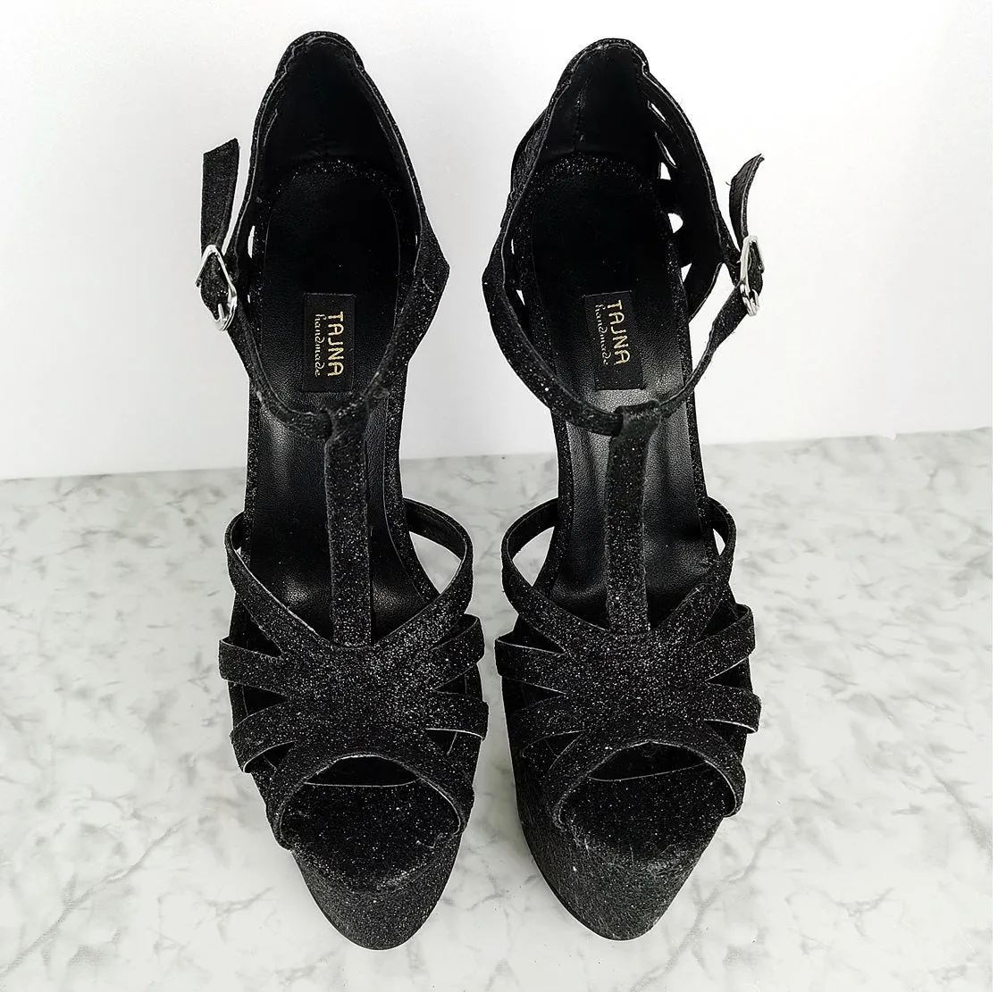 Black Shimmer Laser Cut T-Strap High Heels