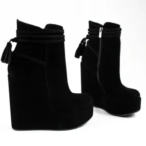 Black Suede Fringe Wedge Booties