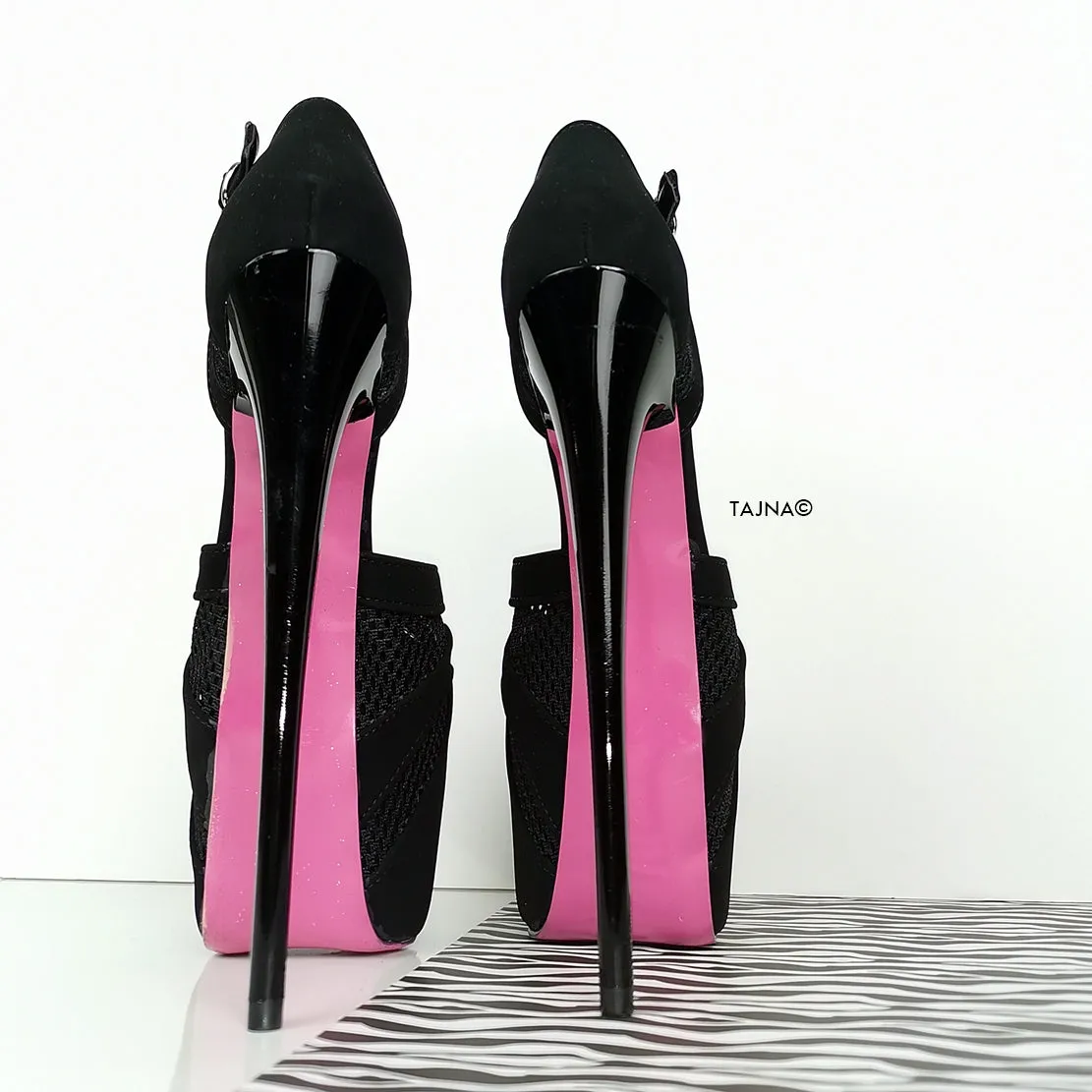 Black Suede Mesh Detail Heel Pink Sole