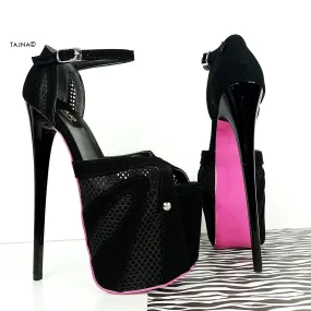 Black Suede Mesh Detail Heel Pink Sole