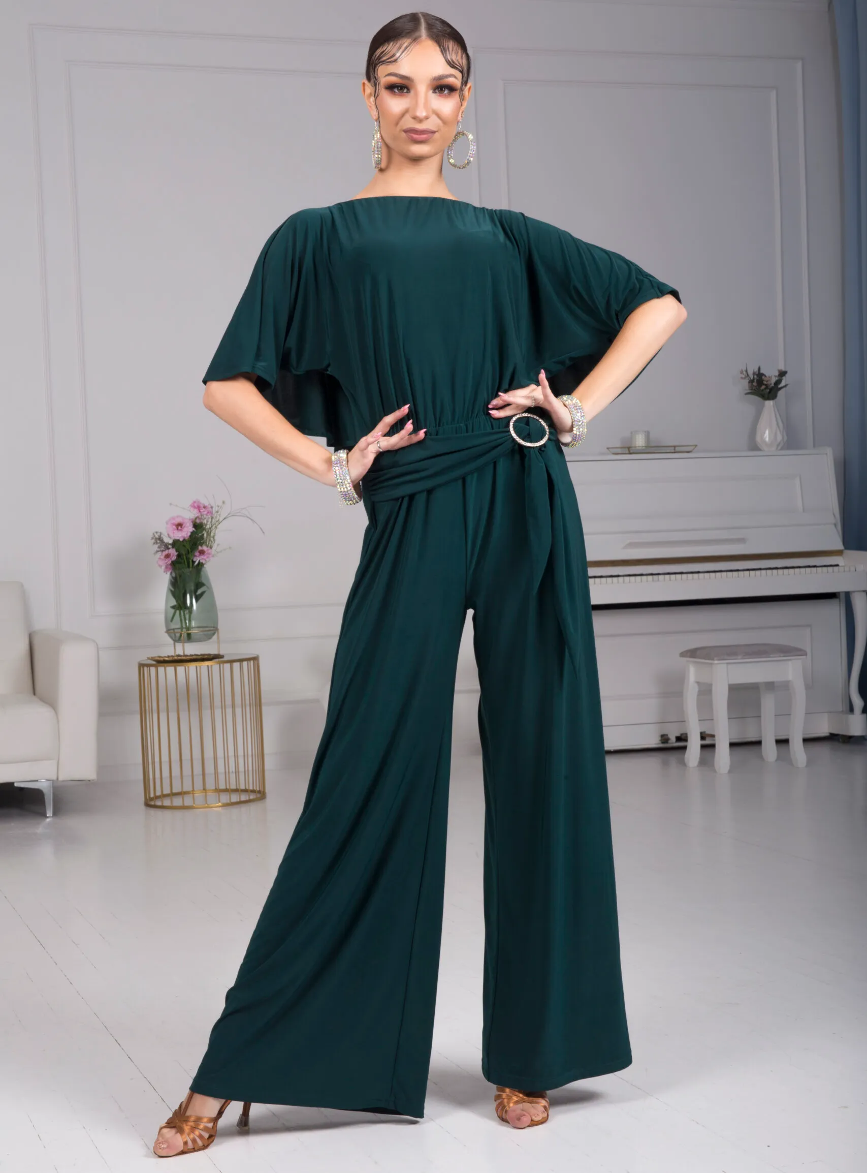 Body Positive Senga Dancewear BOLERO Bottle Green Jumpsuit with Ruffle Cape, Wide Leg Pants, and Tie Detail Sizes XL-4XL PRA 984 in Stock