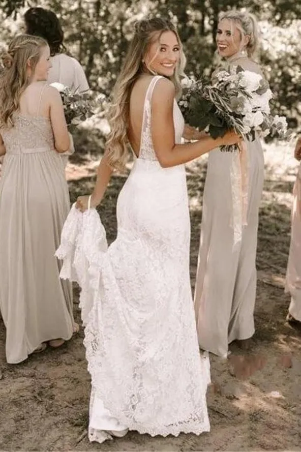 Boho Country Lace V-Neck Sleeveless Long Train Wedding Dress-715768