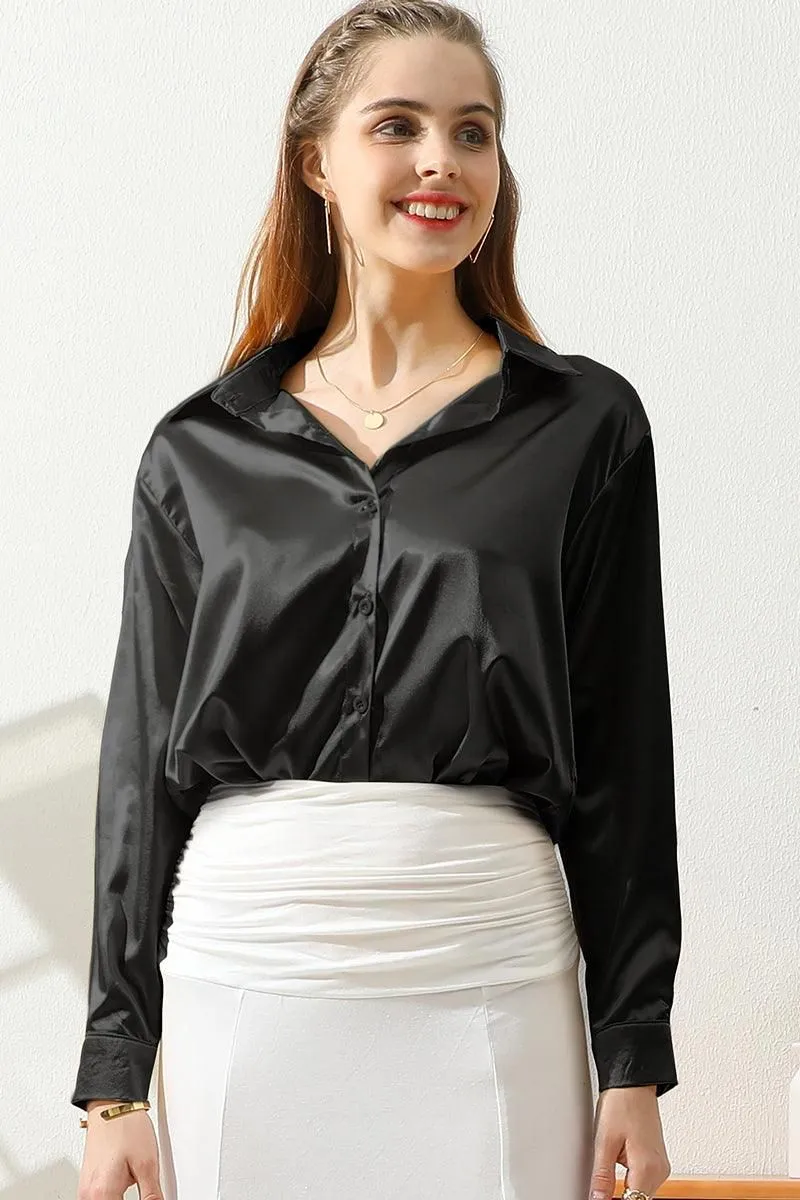 BOTTON DOWN SOLID COLOR SILK SATIN LONG SLEEVED SHIRT