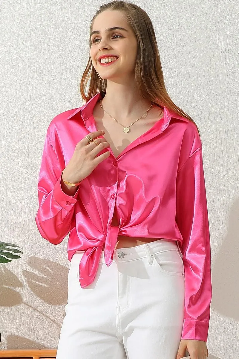 BOTTON DOWN SOLID COLOR SILK SATIN LONG SLEEVED SHIRT