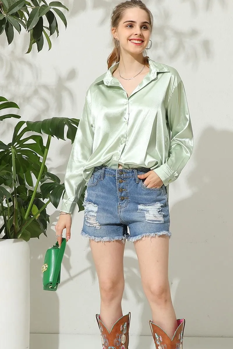 BOTTON DOWN SOLID COLOR SILK SATIN LONG SLEEVED SHIRT