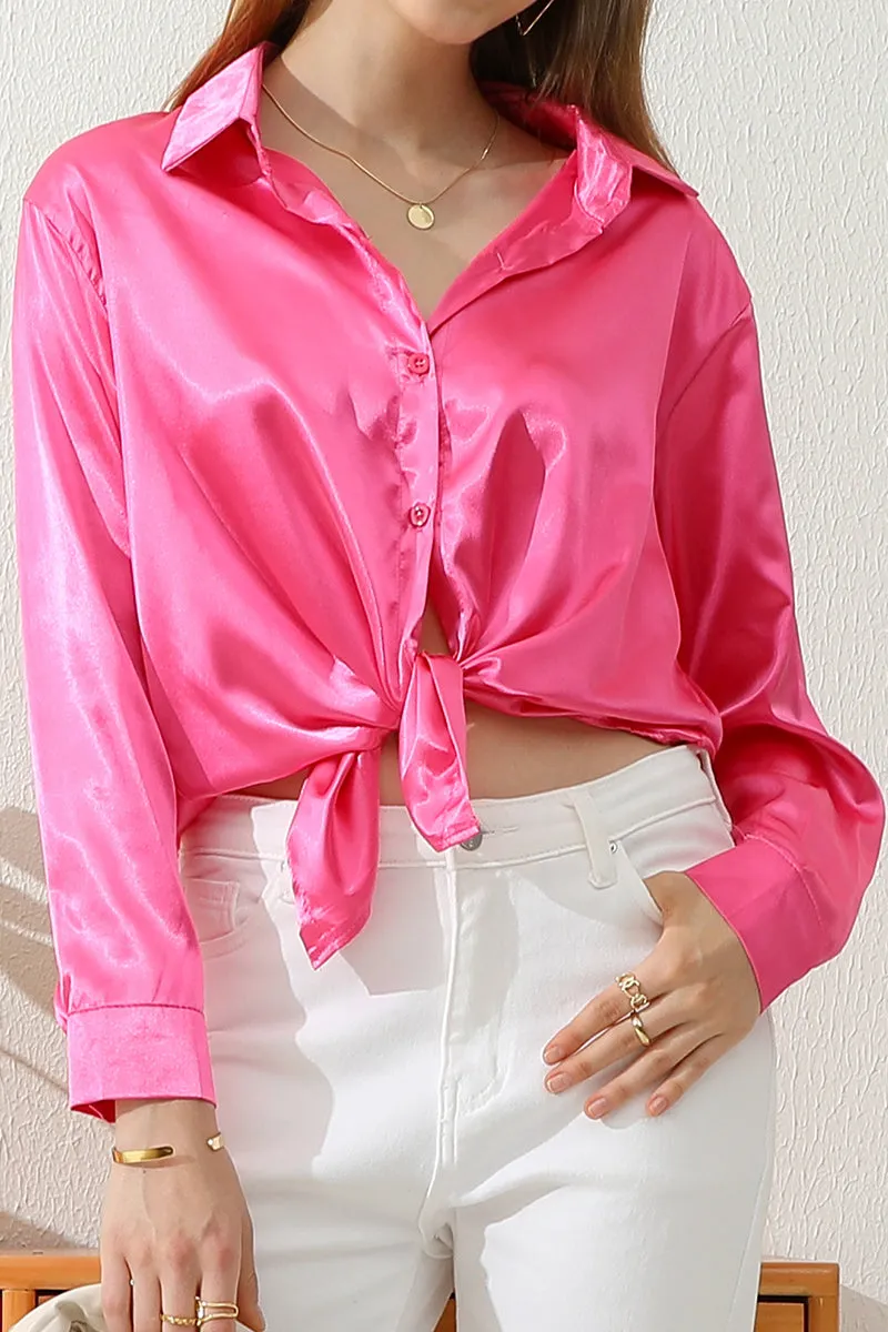 BOTTON DOWN SOLID COLOR SILK SATIN LONG SLEEVED SHIRT